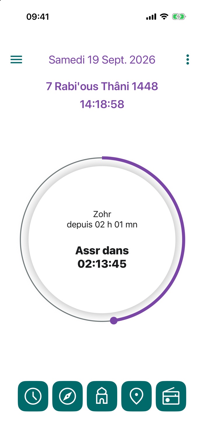 Écran d’accueil : prochaine prière et compte à rebours